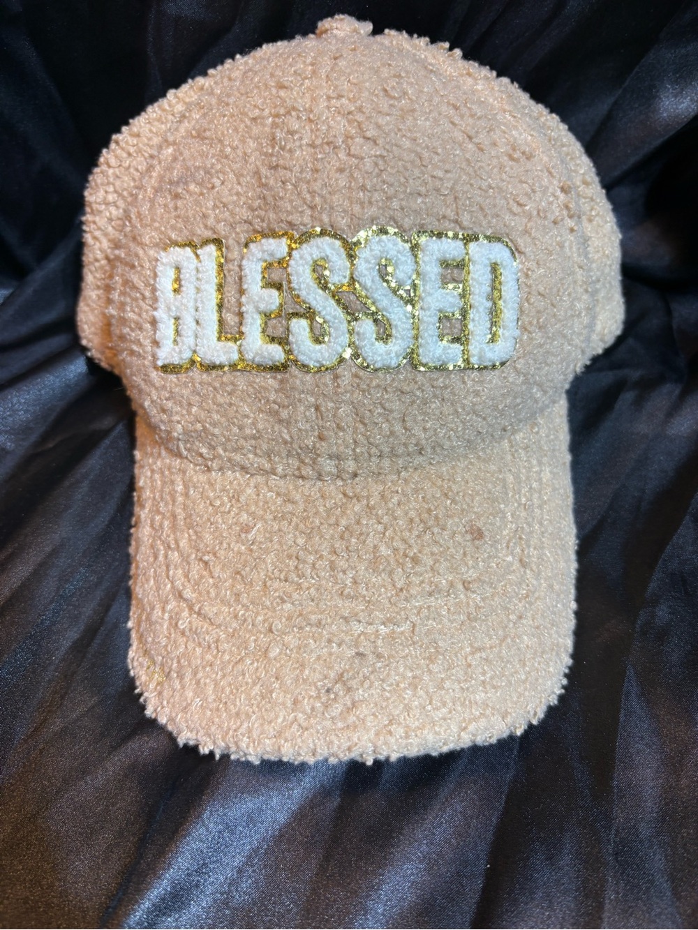 Simply Southern Beige Sherpa Hat with 'BLESSED' Gold-Trim Embroidery